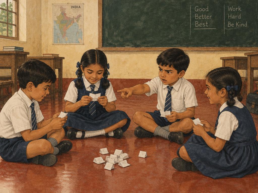 Indian schoolkids in uniform playing Raja Mantri Chor Sipahi